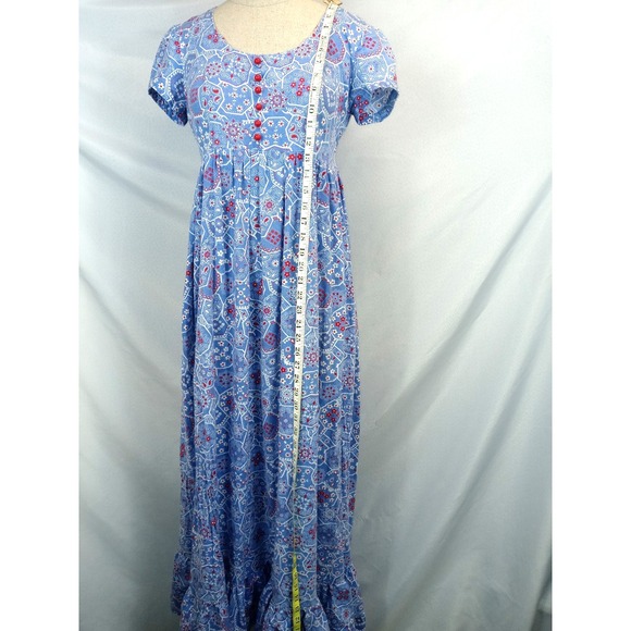 Vintage Handmade Maxi Dress Bandana Print Blue Red Cottagecore Prairie 70s - Picture 5 of 7